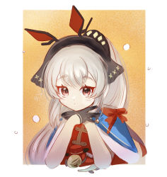 Rule 34 | 1girl, arknights, artist name, black gloves, blue cape, border, bow, cape, fur-trimmed cape, fur trim, gloves, grey hair, hands up, head rest, headgear, long hair, looking at viewer, official alternate costume, own hands together, red bow, red eyes, red shirt, ret (tiiuu), shirt, simple background, solo, upper body, weedy (arknights), weedy (candy cape) (arknights), white border, yellow background