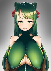 Rule 34 | 1girl, absurdres, bare shoulders, breasts, cestina (grand summoners), cleavage cutout, clothing cutout, covered erect nipples, grabbing, grabbing another&#039;s breast, grand summoners, green eyes, green hair, highres, huge breasts, large breasts, long hair, puppuppa