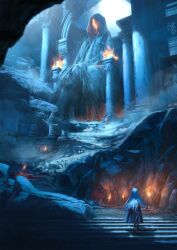 Rule 34 | 1girl, absurdres, blue cloak, blue hair, cave, cloak, column, fire, from behind, gyoukan (jfxc), highres, original, pet walking, pillar, scenery, solo, stairs, statue, torch