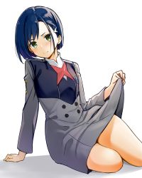Rule 34 | 10s, 1girl, absurdres, blue hair, blush, closed mouth, clothes lift, darling in the franxx, green eyes, hair ornament, hairclip, highres, ichigo (darling in the franxx), looking at viewer, max melon, on floor, short hair, skirt, skirt lift, solo, thighhighs, uniform