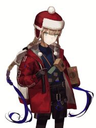 Rule 34 | 1boy, belt, black belt, black gloves, black leggings, black shorts, blue hair, blue shirt, blunt bangs, box, braid, brown hair, captain nemo (fate), carabiner, cardboard box, carrying, carrying under arm, collared shirt, expressionless, fate/grand order, fate (series), fur hat, fur trim, gloves, gradient hair, green eyes, hat, highres, holding, holding box, jacket, lanyard, leggings, long hair, long sleeves, looking at viewer, male focus, multicolored hair, nemo (fate), nemo (santa) (fate), open clothes, open jacket, pom pom (clothes), red hat, red jacket, shirt, shorts, simple background, solo, tamitami, twin braids, ushanka, very long hair, white background, wing collar