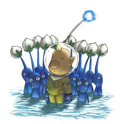 Rule 34 | 1boy, alien, army, badge, big nose, black eyes, blonde hair, blue gloves, blue light, blue pikmin, blue skin, bud, buttons, check commentary, closed eyes, colored skin, commentary, commentary request, flower, gloves, helmet, looking at viewer, louie (pikmin), naru (wish field), open mouth, partially submerged, pikmin (creature), pikmin (series), pointy ears, radio antenna, short hair, solid circle eyes, space helmet, spacesuit, very short hair, water, white flower