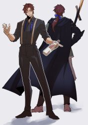 Rule 34 | 1boy, alcohol, bags under eyes, black cape, black pants, black shirt, blue ribbon, bottle, brown eyes, brown footwear, brown hair, cape, facial hair, fate/grand order, fate (series), full body, goatee, grey background, hair ribbon, haruakira, hector (fate), highres, holding, holding bottle, holding polearm, holding weapon, lance, looking to the side, male focus, multiple views, one eye closed, pants, polearm, ponytail, ribbon, shirt, simple background, suspenders, weapon