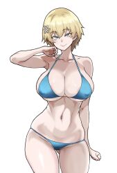 Rule 34 | 1girl, bikini, blonde hair, blue bikini, blue eyes, breasts, cleavage, clenched hand, closed mouth, collarbone, commentary, covered erect nipples, cowboy shot, english commentary, girls&#039; frontline, hair ornament, hand up, highres, large breasts, looking at viewer, navel, short hair, simple background, skindentation, smile, snowflake hair ornament, solo, stomach, straight-on, string bikini, swimsuit, vsk-94 (girls&#039; frontline), wessidesuyo, white background
