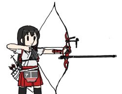 Rule 34 | 10s, 1girl, akagi (kancolle), bow (weapon), dai-oki, kantai collection, long hair, muneate, quiver, recurve bow, simple background, solo, thighhighs, weapon, white background