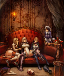 Rule 34 | 4girls, absurdres, armor, ass, bad id, bad pixiv id, blonde hair, book, breasts, brown hair, couch, curtains, fantasy earth zero, feathers, glasses, green eyes, highres, huge breasts, lamp, large breasts, legs, maid, multiple girls, n.a., pouch, red eyes, red upholstery