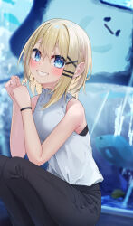 Rule 34 | 1girl, animal, aquarium, bare arms, bare shoulders, black pants, blonde hair, blue eyes, blush, breasts, commentary request, feet out of frame, fish, grin, hair between eyes, hair ornament, hairclip, highres, hijouguti, looking at viewer, original, pants, shirt, sidelocks, sleeveless, sleeveless shirt, small breasts, smile, solo, squatting, water, white shirt, x hair ornament