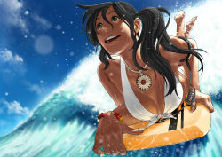Rule 34 | 1girl, barefoot, bikini, black hair, blue sky, bodyboard, bracelet, breasts, cleavage, dark-skinned female, dark skin, day, face, female focus, foreshortening, front-tie top, green eyes, hata yui, highres, jewelry, large breasts, lying, necklace, nose, on stomach, original, side ponytail, sky, smile, solo, surfboard, surfing, swimsuit, water