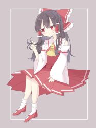 Rule 34 | 1girl, :/, bare shoulders, black hair, blush, bobby socks, bow, commentary request, detached sleeves, double-parted bangs, flat chest, frilled bow, frilled hair tubes, frills, full body, grey background, hair bow, hair tubes, hakurei reimu, hand up, highres, invisible chair, long hair, long sleeves, looking to the side, mary janes, playing with own hair, pleated skirt, raised eyebrow, red bow, red eyes, red footwear, red skirt, red vest, rio (zdhg3425), shoes, sidelocks, simple background, sitting, skirt, skirt set, sleeves past wrists, socks, solo, sweat, touhou, very long hair, vest, wide sleeves