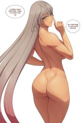 Rule 34 | 1girl, ass, bad source, blue eyes, blush, breasts, dark-skinned female, dark skin, english text, fate/grand order, fate (series), from behind, grey hair, highres, large breasts, long hair, looking at viewer, looking back, lvl (sentrythe2310), parted lips, simple background, solo, tagme, white background, zenobia (fate)