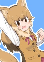 Rule 34 | 1girl, :d, animal ear fluff, animal ears, arm up, black hair, blue background, brown eyes, brown hair, character request, clenched hand, commentary request, extra ears, fur collar, gradient hair, hair between eyes, kemono friends, multicolored hair, open mouth, outline, rumenia (ao2is), shirt, simple background, smile, solo, tail, vest, white outline, white shirt