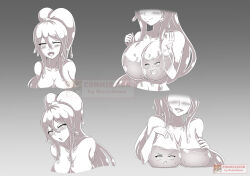 Rule 34 | 2girls, annoyed, azutosama, blush, breast press, breasts, commission, frown, heart, heart-shaped pupils, highres, large breasts, looking at viewer, monster girl, multiple girls, one eye closed, open mouth, original, ponytail, slime girl, symbol-shaped pupils, see-through body, upper body