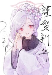 Rule 34 | 1girl, black scarf, blue archive, blush, ea08zheci, fang, flower, grey hair, hair flower, hair ornament, halo, happy new year, highres, japanese clothes, kimono, long hair, long sleeves, mutsuki (blue archive), mutsuki (new year) (blue archive), new year, official alternate costume, open mouth, pink halo, pointy ears, red eyes, scarf, simple background, smile, solo, upper body, white background, white flower, white kimono, wide sleeves