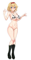 Rule 34 | 1girl, absurdres, alice margatroid, amagi (amagi626), black footwear, blonde hair, blue eyes, blush, boots, bottomless, breasts, cleavage, cleft of venus, closed mouth, cow print, cow print bikini, cross-laced footwear, full body, hairband, highres, knee boots, lace-up boots, large breasts, looking at viewer, navel, print bikini, pussy, short hair, simple background, solo, touhou, underboob, white background