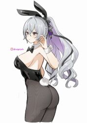 1girl alternate_costume animal_ears ass black_bow black_bowtie black_leotard black_pantyhose bow bowtie breasts bronya_zaychik bronya_zaychik_(silverwing:_n-ex) bunny_day commentary commentary_request cropped_legs drill_hair fake_animal_ears fake_tail from_side grey_eyes grey_hair hair_between_eyes highleg highleg_leotard highres honkai_(series) honkai_impact_3rd kuromu_shado large_breasts leotard long_hair pantyhose playboy_bunny rabbit_ears rabbit_tail sideboob smile solo tail twin_drills twitter_username wrist_cuffs