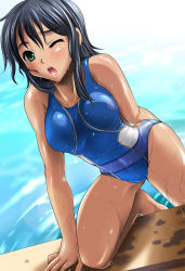 Rule 34 | 1girl, bare legs, bare shoulders, black hair, blue one-piece swimsuit, blush, breasts, competition swimsuit, covered navel, dark-skinned female, dark skin, day, diana rial, digdug006, eyebrows, green eyes, legs, one-piece swimsuit, one eye closed, open mouth, outdoors, pool, solo, swimsuit, teeth, thighs, upper teeth only, water, wet, wet clothes, wet swimsuit, wrestle angels, wrestle angels survivor