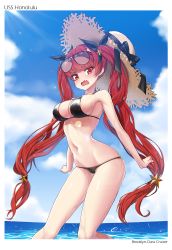 Rule 34 | 1girl, arched back, armpits, azur lane, bad id, bad pixiv id, bare arms, bare legs, bare shoulders, bikini, black bikini, blue sky, blunt bangs, blush, breasts, character name, cleavage, clenched hands, cloud, cloudy sky, collarbone, commentary, cowboy shot, day, hat, unworn hat, unworn headwear, highres, honolulu (azur lane), honolulu (summer accident?!) (azur lane), large breasts, long hair, looking at viewer, narynn, navel, ocean, open mouth, outdoors, red eyes, red hair, sky, solo, standing, stomach, straw hat, sunlight, swimsuit, thighs, water, wavy mouth