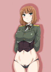 Rule 34 | 1girl, arms behind back, black panties, black ribbon, blue eyes, brave witches, breasts, brown hair, cameltoe, cleft of venus, closed mouth, cowboy shot, dress shirt, gluteal fold, green jacket, grey shirt, gundula rall, highres, jacket, large breasts, light frown, long sleeves, looking at viewer, lowleg, lowleg panties, midriff, military, military uniform, navel, neck ribbon, no pants, panties, pink background, pussy, pussy peek, ribbon, shirt, short hair, simple background, skindentation, solo, standing, thighs, underbust, underwear, uniform, wan&#039;yan aguda, wing collar, world witches series