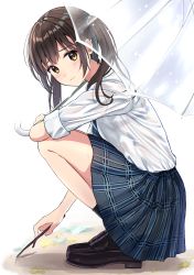 Rule 34 | 1girl, bare legs, black bra, black footwear, black socks, blue skirt, blush, bra, brown hair, burenbo, closed mouth, commentary request, frown, highres, holding, holding umbrella, loafers, long hair, looking at viewer, looking to the side, necktie, original, plaid, plaid skirt, revision, school uniform, see-through, shirt, shirt tucked in, shoes, skirt, socks, solo, squatting, stick, striped necktie, striped neckwear, sweat, thighs, transparent, transparent umbrella, twintails, umbrella, underwear, white shirt, yellow eyes