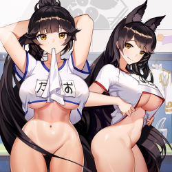 Rule 34 | 2girls, absurdres, animal ears, areola slip, atago (azur lane), azur lane, black hair, bottomless, breasts, brown eyes, censored, commentary, convenient censoring, cowboy shot, dog ears, english commentary, gym shirt, gym uniform, hair ears, hair flaps, highres, korean commentary, large breasts, locker, locker room, long hair, mouth hold, multiple girls, navel, no panties, ponytail, ribbon, ribbon in mouth, shirt, smile, takao (azur lane), underboob, white ribbon, yeong r6
