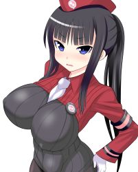 Rule 34 | 1girl, absurdres, between breasts, black hair, blue eyes, breasts, gloves, hand on own hip, hat, highres, huge breasts, konno tohiro, long hair, looking at viewer, necktie, necktie between breasts, simple background, solo, summon night, summon night 5, white background, yeng-hua