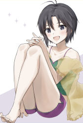 Rule 34 | 1girl, :d, antenna hair, bare shoulders, barefoot, black eyes, black hair, blush, camisole, collarbone, crop top, full body, green camisole, idolmaster, idolmaster (classic), idolmaster 2, interlocked fingers, kikuchi makoto, knees up, looking at viewer, midriff peek, mogskg, off shoulder, on ground, open clothes, open mouth, open shirt, own hands together, puffy short sleeves, puffy sleeves, purple background, purple shorts, see-through, see-through shirt, shirt, short hair, short shorts, short sleeves, shorts, sitting, smile, solo, sparkle, sparkle background, spread toes, toes, very short hair, white background, yellow shirt