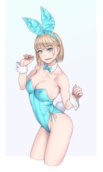 Rule 34 | 1girl, animal ears, bare shoulders, blonde hair, blue bow, blue bowtie, blue eyes, blue leotard, bow, bowtie, breasts, cleavage, commentary request, cowboy shot, detached collar, fake animal ears, fake tail, highleg, highleg leotard, highres, leotard, looking at viewer, medium breasts, original, playboy bunny, short hair, simple background, smile, solo, strapless, strapless leotard, tail, white background, wrist cuffs, yuuji (and)