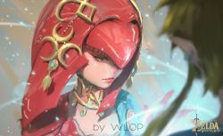 Rule 34 | 1boy, 1girl, colored skin, downcast eyes, eyelashes, fish girl, gorget, hair ornament, hair over one eye, highres, link, lips, long hair, mipha, monster girl, multicolored skin, nintendo, no eyebrows, red hair, red skin, sad, solo focus, the legend of zelda, the legend of zelda: breath of the wild, white skin, wlop, yellow eyes, zora