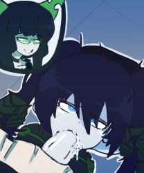 Rule 34 | 2girls, absurdres, black rock shooter, black rock shooter (character), blue eyes, blue hair, choker, claws, closed mouth, cum, cum in mouth, dead master, doce, fellatio, female focus, futa with female, futanari, glasses, grabbing another&#039;s hair, green eyes, highres, horns, licking lips, long hair, multiple girls, oral, penis, rolling eyes, smile, tears, tongue, tongue out, twintails, uncensored