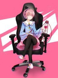 Rule 34 | 1girl, absurdres, black hairband, black pantyhose, blouse, blue shirt, blush, chair, chromatic aberration, commentary request, crossed legs, cup, cupping glass, drinking glass, full body, gaming chair, hairband, heart, highres, holding, holding cup, komeiji satori, looking at viewer, office chair, pantyhose, pink background, pink eyes, pink hair, pink skirt, senzaicha kasukadoki, shirt, short hair, sitting, skirt, smile, smug, solo, swivel chair, third eye, touhou, wine glass