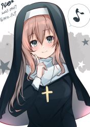 Rule 34 | 1girl, 9610 (kuroto), alternate costume, artist name, brown eyes, cross, dated, eighth note, grey eyes, habit, highres, index finger raised, kantai collection, long hair, musical note, nun, one-hour drawing challenge, saratoga (kancolle), solo, spoken musical note, traditional nun, twitter username, upper body, veil