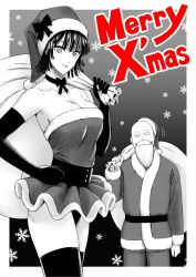 Rule 34 | 1boy, 1girl, bare shoulders, breasts, christmas, cleavage, collar, elbow gloves, fubuki (one-punch man), gloves, greyscale, hand on own hip, hat, highres, large breasts, monochrome, one-punch man, saitama (one-punch man), santa costume, santa hat, smile, thighhighs
