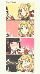 Rule 34 | 2girls, 4koma, :3, ;), black hair, blonde hair, blunt bangs, blush, braid, bright pupils, comic, crown braid, female focus, finger in another&#039;s mouth, finger sucking, green eyes, hair ornament, hair rings, hairclip, heart, heart-shaped pupils, highres, holding another&#039;s wrist, kurosawa dia, looking at viewer, love live!, love live! sunshine!!, medium hair, mole, mole under mouth, multiple girls, ohara mari, one eye closed, open mouth, pas (paxiti), saliva, selfie, smile, sweat, symbol-shaped pupils, tears, tongue, tongue out