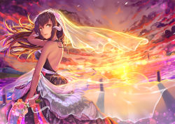Rule 34 | 1girl, alternate costume, arm behind head, azur lane, backless dress, backless outfit, black hair, blush, bouquet, breasts, bridal veil, bride, brown hair, crying, crying with eyes open, dress, evening, floating hair, flower, from side, hair between eyes, hair flower, hair ornament, happy tears, highres, holding, holding bouquet, horns, jewelry, layered dress, lighthouse, long hair, looking at viewer, medium breasts, mikasa (azur lane), multicolored clothes, multicolored dress, ocean, open mouth, outdoors, ring, sidelocks, smile, solo, sunset, tears, transparent, veil, water, wedding band, wedding dress, wind, wind lift, yami kumo, yellow eyes