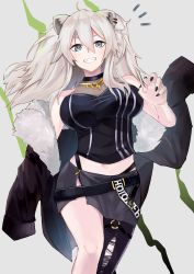 Rule 34 | 1girl, absurdres, ahoge, animal ears, breasts, chankuro, cleavage, fingernails, fur-trimmed jacket, fur trim, grey eyes, grey hair, grin, highres, hololive, jacket, large breasts, lion ears, long hair, midriff, miniskirt, navel, see-through, see-through cleavage, sharp fingernails, shishiro botan, shishiro botan (1st costume), skirt, smile, solo, virtual youtuber