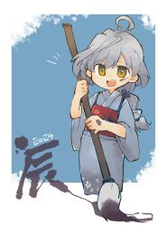 Rule 34 | 1girl, 2024, ahoge, alternate hairstyle, assault lily, blue background, braid, braided ponytail, calligraphy brush, chinese zodiac, commentary request, cropped legs, feet out of frame, floral print, grey hair, grey kimono, hands up, highres, holding, holding paintbrush, ink, japanese clothes, kimono, low ponytail, obi, paintbrush, print kimono, sasaki ran, sash, single braid, sleeves past elbows, sleeves pushed up, solo, standing, toyo (sameden46), translated, two-tone background, white background, wide sleeves, year of the dragon