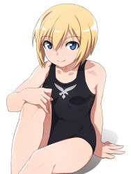 Rule 34 | 1girl, black one-piece swimsuit, blonde hair, blue eyes, breasts, closed mouth, erica hartmann, looking at viewer, nanashino, one-piece swimsuit, short hair, simple background, small breasts, smile, solo, strike witches, swimsuit, white background, world witches series