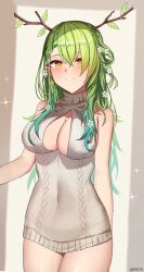 Rule 34 | 1girl, antlers, blush, braid, breasts, bustier, cardigan, ceres fauna, cleavage, closed mouth, flower, green hair, hair ornament, highres, hololive, hololive english, horns, kotodekun, large breasts, lingerie, long hair, looking at viewer, mole, mole under eye, no bra, open cardigan, open clothes, panties, see-through, single braid, sleeveless, smile, solo, sweater, turtleneck, turtleneck sweater, underwear, virtual youtuber, white sweater, yellow eyes