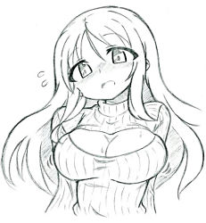 Rule 34 | 10s, 1girl, abyssal ship, bad id, bad pixiv id, blush, breasts, cleavage, cleavage cutout, clothing cutout, flying sweatdrops, kantai collection, large breasts, lineart, long hair, lowres, meme attire, monochrome, motion lines, open-chest sweater, ribbed sweater, shortland, simple background, solo, sweater, ta-class battleship, turtleneck, white background