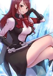 Rule 34 | 1girl, black gloves, bow, breasts, closed mouth, commentary request, crossed legs, eyelashes, gloves, highres, holding, holding sword, holding weapon, ice, invisible chair, kirijou mitsuru, kurosususu, large breasts, long hair, persona, persona 3, persona 3 reload, rapier, red bow, red eyes, red hair, s.e.e.s, sitting, smile, solo, sword, weapon, white background