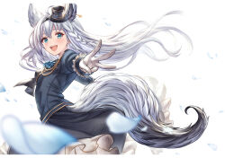 Rule 34 | 1girl, ahoge, animal ear fluff, animal ears, blue flower, blue jacket, blue rose, blurry, blurry foreground, blush, braid, breasts, commentary request, earrings, floating hair, flower, fox ears, fox girl, fox tail, frilled skirt, frills, gloves, green eyes, grey skirt, hair between eyes, hat, highres, hololive, jacket, jewelry, long hair, long skirt, looking at viewer, mini hat, open mouth, pentagram, petals, rose, shirakami fubuki, shirakami fubuki (aristocrat kei), sidelocks, simple background, single braid, skirt, small breasts, smile, solo, tail, tazaki hayato, virtual youtuber, w, white background, white gloves, white hair