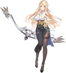 Rule 34 | 1girl, artist request, atelier (series), atelier ryza, atelier ryza 2, azur lane, blonde hair, blush, bow (weapon), breasts, cleavage, corset, full body, gold trim, green eyes, hair ornament, hairband, halterneck, hand up, high heels, highres, holding, holding weapon, klaudia valentz, large breasts, long hair, long skirt, looking at viewer, o-ring, official art, pantyhose, side slit, skirt, sleeveless, smile, sparkle, thigh strap, transparent background, weapon