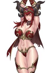 Rule 34 | 1girl, alexstrasza, armlet, armpits, arms up, blush, breasts, cape, headgear, highres, horns, karmiel, large breasts, lip biting, long eyebrows, long hair, looking at viewer, midriff, navel, red hair, red lips, simple background, solo, warcraft, white background, world of warcraft, yellow eyes