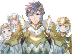 Rule 34 | 1boy, 3girls, aqua eyes, armor, bad id, bad twitter id, blonde hair, blue hair, brother and sister, closed mouth, crown, earrings, closed eyes, family, feather trim, fire emblem, fire emblem heroes, fjorm (fire emblem), gradient hair, gunnthra (fire emblem), hamomo fe, hrid (fire emblem), jewelry, long hair, long sleeves, multicolored hair, multiple girls, nintendo, open mouth, pink hair, purple eyes, short hair, shoulder armor, siblings, silver hair, simple background, sisters, smile, veil, white background, ylgr (fire emblem)