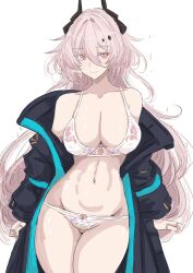 1girl absurdres arknights black_coat black_horns bra breasts cleavage closed_mouth coat collarbone commentary_request groin hair_between_eyes highres horns ken_(shutenndouji1) large_breasts long_bangs long_hair looking_at_viewer navel no_shirt off_shoulder panties pink_eyes pink_hair simple_background sketch smile solo theresa_(arknights) underwear white_background white_bra white_panties