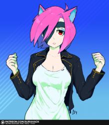 Rule 34 | 1girl, ahoge, animal ears, aurahack, blue background, breasts, cleavage, collarbone, fox ears, gradient background, hair over one eye, jacket, large breasts, lips, original, parted lips, pink hair, red eyes, signature, solo, tank top, upper body, watermark, web address