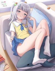 Rule 34 | 1girl, blue eyes, blue hair, blue nails, blue skirt, blush, breasts, clothes lift, collared shirt, ebi-chan (gawr gura), gawr gura, gawr gura (school uniform), grey hair, hair ornament, highres, hololive, hololive english, lifting own clothes, looking at viewer, medium hair, multicolored hair, nail polish, official alternate costume, one side up, rabbit hair ornament, shirt, skirt, skirt lift, small breasts, smile, socks, streaked hair, stuffed animal, stuffed shark, stuffed toy, tongue, tongue out, vest, virtual youtuber, white socks, yellow vest, zeng$ (zwj)