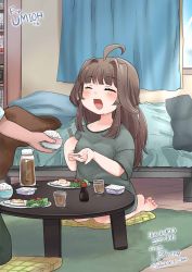 Rule 34 | 1girl, 1other, ahoge, alternate costume, barefoot, bed, bookshelf, brown hair, closed eyes, commentary request, commission, curtains, cushion, double bun, grey shirt, hair bun, highres, jug (bottle), kantai collection, kongou (kancolle), long hair, lr hijikata, seiza, shirt, sitting, skeb commission, sleepwear, smile, table, translation request, zabuton