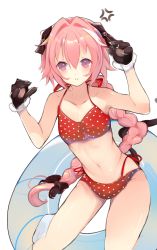 Rule 34 | 1boy, :&lt;, anger vein, animal hands, artist name, astolfo (fate), bad id, bad pixiv id, bare arms, bare shoulders, bikini, black bow, blush, bow, braid, cat paws, cat tail, claw pose, claws, closed mouth, collarbone, commentary request, dot nose, fate/apocrypha, fate (series), flat chest, gloves, hair between eyes, hair bow, hair intakes, halterneck, hands up, highleg, highleg bikini, highres, innertube, itohime, long hair, looking at viewer, male focus, multicolored hair, navel, no eyebrows, parted bangs, paw gloves, pink hair, polka dot, polka dot bikini, purple eyes, red bikini, see-through, side-tie bikini bottom, simple background, single braid, solo, stomach, streaked hair, string bikini, swim ring, swimsuit, tail, trap, two-tone hair, very long hair, white background, white hair