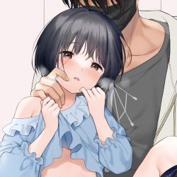 Rule 34 | 1boy, 1girl, black hair, black mask, blouse, blue shirt, blush, bob cut, breath, brown eyes, clenched hand, clothes lift, collarbone, covered face, covered mouth, cropped, d:, dot nose, drawstring, frilled shirt, frilled sleeves, frills, furrowed brow, grabbing, grabbing from behind, hand on another&#039;s cheek, hand on another&#039;s face, hand on another&#039;s shoulder, hand up, hands up, heads together, heavy breathing, hetero, hood, hood down, knee up, lifting own clothes, long sleeves, looking at viewer, mask, mouth mask, narrowed eyes, nose blush, off shoulder, open mouth, original, out-of-frame censoring, out of frame, paid reward available, parted lips, pinky out, print shirt, puffy long sleeves, puffy sleeves, sekiya asami, shirt, shirt lift, short hair, single bare shoulder, solo focus, sweat, t-shirt, tareme, w arms, zipper pull tab